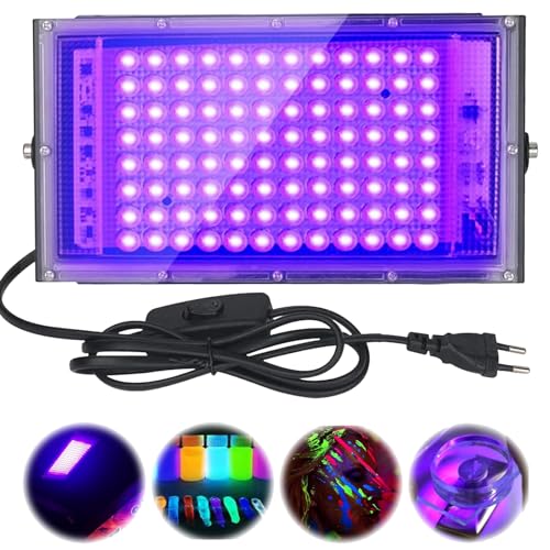 Schwarzlicht Led Strahler 100W, UV LED Schwarzlichtlampe Strahler Flutlicht mit Schalter,IP65 Wasserdicht Schwarzlichtlampe für Halloween Aquarium Konzert Party Band Leistung Fluoreszierende Poster von OHAANYY