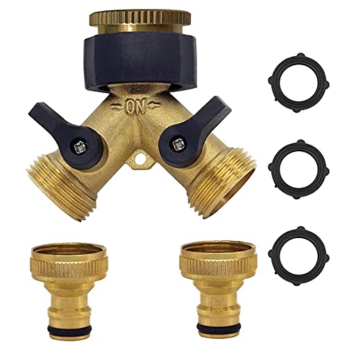 OHAYORI 2 Wege Y Verteiler 3/4 & 1/2 Zoll, Messing Gartenschlauch Verteiler mit 2 Wasserhahn Adapter zu Gartenbewässerung, Haustierenr, Wasserdurchfluss Regulier Y Verteiler mit Drehschalter von OHAYORI