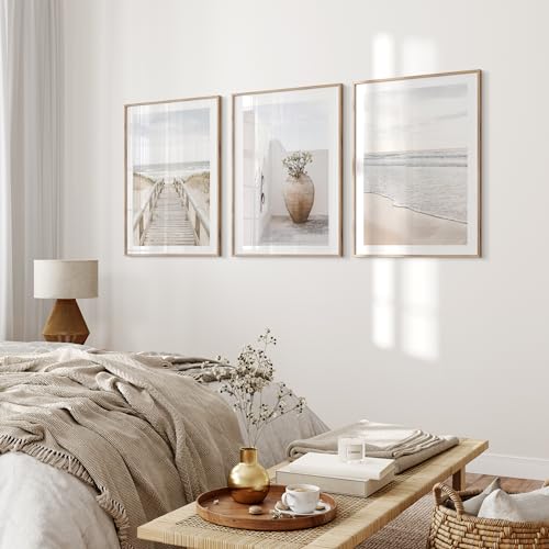 OHBIMBA® Sets Von 3 Poster & Kunstdrucke Mit Rahmen - Zimmer Deko Und Wanddeko Wohnzimmer - Deko Wohnzimmer und Bilder Schlafzimmer - Strand Boho Deko - 30x40 cm - Mit Rahmen Holz von OHBIMBA