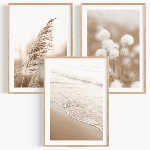 OHBIMBA® Sets Von 3 Poster & Kunstdrucke Mit Rahmen - Zimmer Deko Und Wanddeko Wohnzimmer - Deko Wohnzimmer und Bilder Schlafzimmer - Strand Boho Deko - 50x70 cm - Mit Rahmen Holz von OHBIMBA