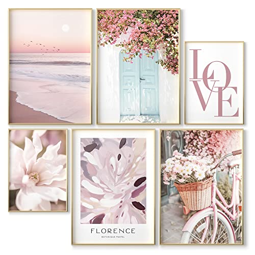 OHBIMBA® Sets Von 6 Poster & Kunstdrucke Zum Einrahmen - Rosa Zimmer Deko Und Wanddeko Wohnzimmer - Boho Deko und Bilder Schlafzimmer - Strand Wanddeko - Größe 4X A3 + 2X A4 - Ohne Bilderrahmen von OHBIMBA