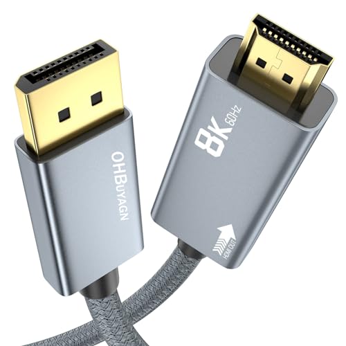 OHBUYAGN 8K DisplayPort auf HDMI Kabel, Unidirektionaler DP 1.4a zu HDMI 2.1 Vergoldete Adapter mit 8K@60Hz 4K@120Hz 2K@240Hz, HDR, Dolby, HDCP 2.3 für Projektor, Monitor, NVIDIA Grafikkarten von OHBUYAGN