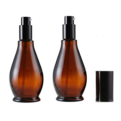 OHEETU 2 Stück 50 ml bernsteinfarbene Glasflaschen auslaufsichere Pumpflaschen Lotion-Seifenspender Glas Kosmetikbehälter mit schwarzer Pumpe für ätherische Ölmischungen, Foundation-Shampoo von OHEETU