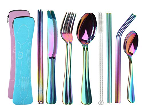 OHfun Reise-Utensilien mit Tasche, umweltfreundlich, 9-teilig, tragbares Besteck-Set für Reisen, Camping, Picknick, Arbeiten oder Lunchbox, spülmaschinenfest 18-piece Pink/Blau von OHFUN