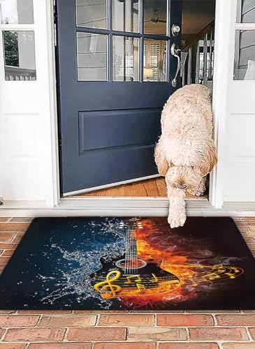 OHJEAJDS Badezimmerteppich rutschfest Badematte 50 x 80 cm,Badteppich Saugfähig Weich Maschinenwaschbar für Badezimmer,Akustikgitarre in Feuer und Wasser. Abbildung der Akustikgitarre in Elementen is von OHJEAJDS