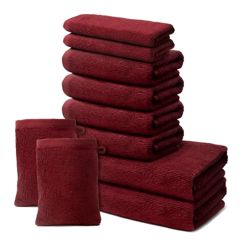 OHM - Bade-Set - 2 Badetücher 70x140cm + 4 Handtücher 50x100cm + 2 Gästehandtücher 30x50cm + 2 Waschhandschuhe 15x20cm Baumwolle - 500g/m2 - Rot von OHM