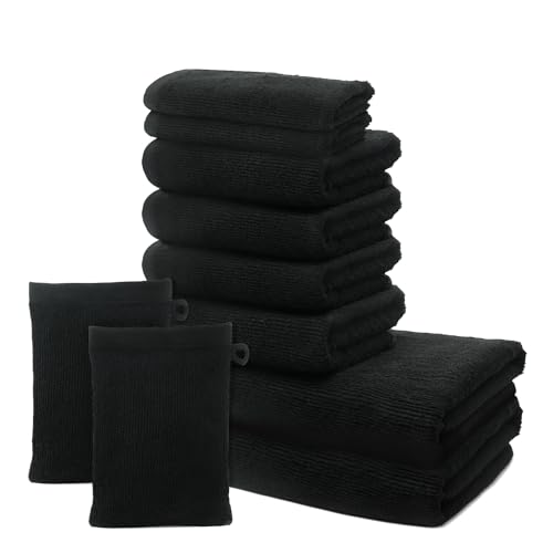 OHM - Bade-Set - 2 Badetücher 70x140cm + 4 Handtücher 50x100cm + 2 Gästehandtücher 30x50cm + 2 Waschhandschuhe 15x20cm Baumwolle - 500g/m2 - Schwarz von OHM