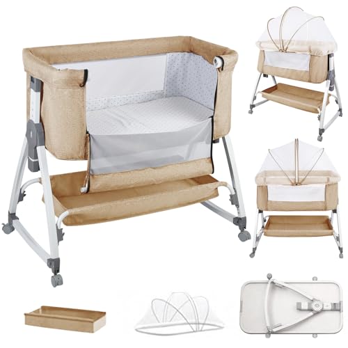 Beistellbett,Babybett,Babywiege,3 in 1 Babybett Babywiege für Neugeborene,Schaukelbettchen für Zuhause und Unterwegs mit Rädern verstellbare 6 Höhen (Off White (80x40x100-115cm)) von OHMG