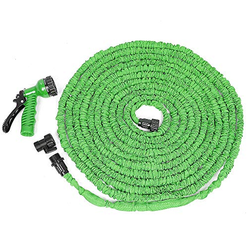 Gartenschlauch, ausziehbar, 15 m, magischer Schlauch, ausziehbar, mit Sprühpistole mit 7 Funktionen, flexibler Wasserschlauch mit Anschlüssen 3/4 Zoll und 1/2 Zoll, auslaufsicher (grün (5 – 15 m) von OHMG