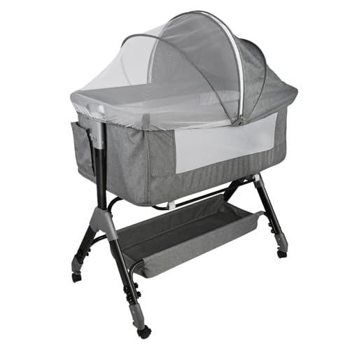 OHMG 4-in-1 Babybett,Babywiege mit Rollen,Stubenwagen mit Moskitonetz,4-stufig höhenverstellbares Kinderbett,Klappbares Kinderreisebett,Beistellbett,Geschenk (Grau (104x52x103-115cm)) von OHMG