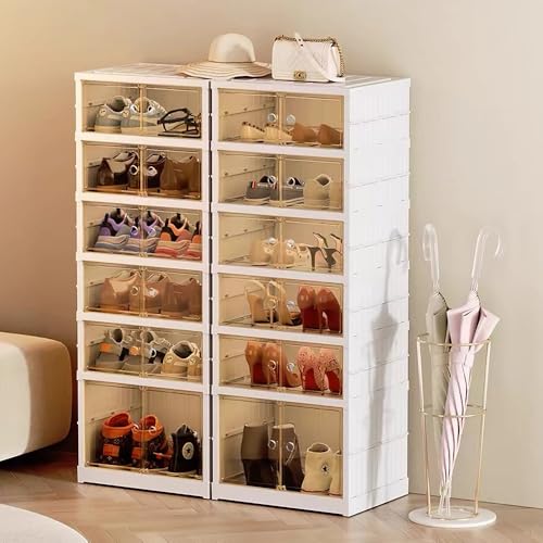 OHMG 6 Lagen Schuhboxen, Aufbewahrungsboxen für Schuhe, aus Kunststoff, transparent, stapelbar, faltbar, Regal für Schuhorganizer mit Tür (12 Stück, 44 x 34,5 x 117 cm) von OHMG