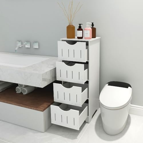 OHMG Badezimmerbodenschrank, Toilettenschrank, Badezimmerschrank mit 4 Schubladen, freistehender Schrank aus Holz, multifunktionaler Minischrank mit offenem Regal, Eckschrank für Wohnzimmer von OHMG