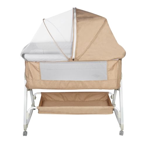OHMG Beistellbett,Babybett,Babywiege,3 in 1 Babybett Babywiege für Neugeborene,Schaukelbettchen für Zuhause und Unterwegs mit Rädern verstellbare 6 Höhen (95 * 50 * 98-110cm(Beige Weiß)) von OHMG