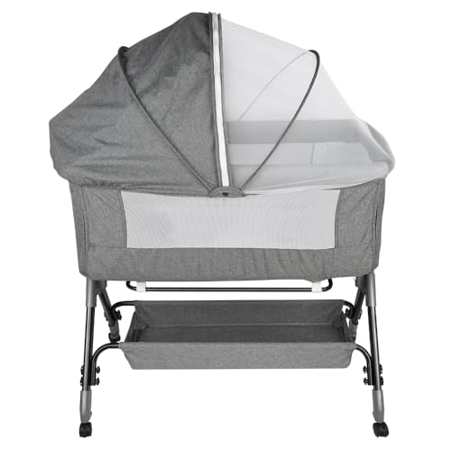 OHMG Beistellbett,Babybett,Babywiege,3 in 1 Babybett Babywiege für Neugeborene,Schaukelbettchen für Zuhause und Unterwegs mit Rädern verstellbare 6 Höhen (Grau（104X52X103-115cm）) von OHMG