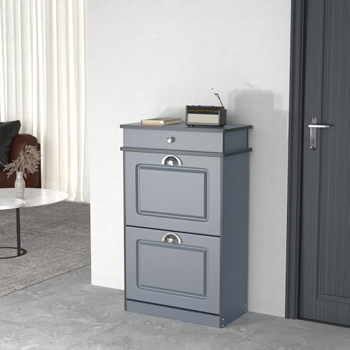 OHMG Sitzbank Schuhregal aus natürlichem Bambus, 3 Ebenen, Aufbewahrungsbank, Schuhregal, Belastung 120 kg, ideal für den Eingangsbereich, Badezimmer, Balkon (grau, 82 x 52 x 23 cm) von OHMG