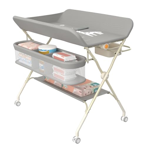 OHMG Wickeltisch,Baby Wickeltisch klappbar,faltbar und tragbar,Mobile Babypflegetisch,Traglast 25 kg, höhenverstellbar, zusammenklappbar, Changing Table für Windelwechsel (A-Grau) von OHMG