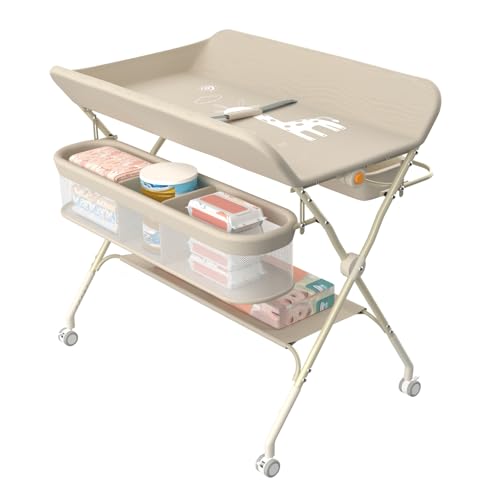 OHMG Wickeltisch,Baby Wickeltisch klappbar,faltbar und tragbar,Mobile Babypflegetisch,Traglast 25 kg, höhenverstellbar, zusammenklappbar, Changing Table für Windelwechsel (A-Milchweiß) von OHMG