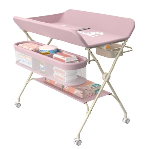 OHMG Wickeltisch,Baby Wickeltisch klappbar,faltbar und tragbar,Mobile Babypflegetisch,Traglast 25 kg, höhenverstellbar, zusammenklappbar, Changing Table für Windelwechsel (A-Rosa) von OHMG