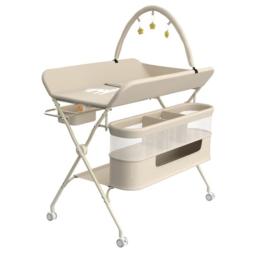 OHMG Wickeltisch,Baby Wickeltisch klappbar,faltbar und tragbar,Mobile Babypflegetisch,Traglast 25 kg, höhenverstellbar, zusammenklappbar, Changing Table für Windelwechsel (B-Milchweiß) von OHMG