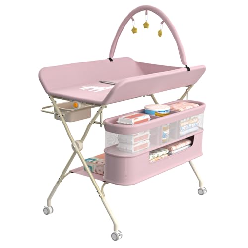OHMG Wickeltisch,Baby Wickeltisch klappbar,faltbar und tragbar,Mobile Babypflegetisch,Traglast 25 kg, höhenverstellbar, zusammenklappbar, Changing Table für Windelwechsel (B-Rosa) von OHMG