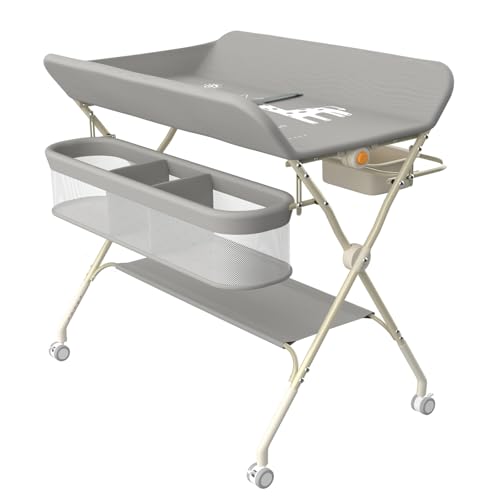 OHMG Wickeltisch für Babys,tragbarer klappbarer Wickeltisch mit Rollen,Mobile wickeltisch klappbar,wasserdicht und höhenverstellbar,Baby Changing Table für Neugeborene (A-Grau) von OHMG