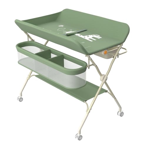 OHMG Wickeltisch für Babys,tragbarer klappbarer Wickeltisch mit Rollen,Mobile wickeltisch klappbar,wasserdicht und höhenverstellbar,Baby Changing Table für Neugeborene (A-Grün) von OHMG
