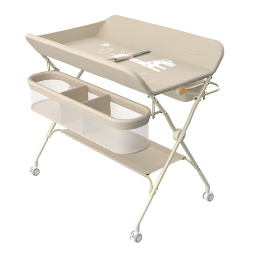 OHMG Wickeltisch für Babys,tragbarer klappbarer Wickeltisch mit Rollen,Mobile wickeltisch klappbar,wasserdicht und höhenverstellbar,Baby Changing Table für Neugeborene (A-Milchweiß) von OHMG