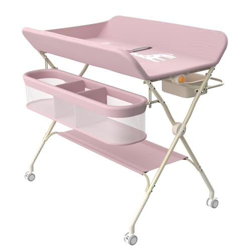 OHMG Wickeltisch für Babys,tragbarer klappbarer Wickeltisch mit Rollen,Mobile wickeltisch klappbar,wasserdicht und höhenverstellbar,Baby Changing Table für Neugeborene (A-Rosa) von OHMG