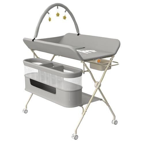 OHMG Wickeltisch für Babys,tragbarer klappbarer Wickeltisch mit Rollen,Mobile wickeltisch klappbar,wasserdicht und höhenverstellbar,Baby Changing Table für Neugeborene (B-Grau) von OHMG