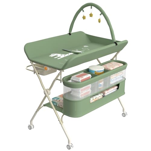OHMG Wickeltisch für Babys,tragbarer klappbarer Wickeltisch mit Rollen,Mobile wickeltisch klappbar,wasserdicht und höhenverstellbar,Baby Changing Table für Neugeborene (B-Grün) von OHMG