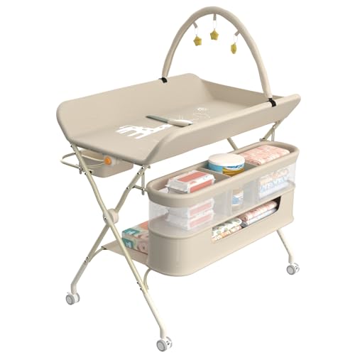 OHMG Wickeltisch für Babys,tragbarer klappbarer Wickeltisch mit Rollen,Mobile wickeltisch klappbar,wasserdicht und höhenverstellbar,Baby Changing Table für Neugeborene (B-Milchweiß) von OHMG