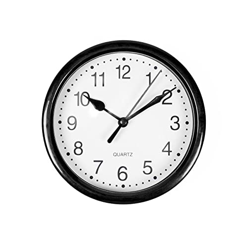 OHS Basic Clock Wall Small Desk Analog Ticking Battery Operated Kitchen Uni Living Room Bedroom Office Quartz Black White - 14cm von OHS