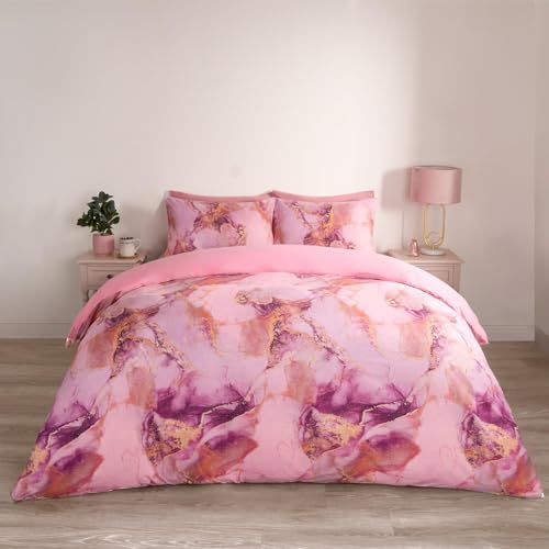 OHS Bettbezug für Einzelbett, dekorativer Bettbezug, wendbar, Marmor-Bettwäsche-Set mit Kissenbezug, superweich, Schlafzimmer, luxuriöse Bezüge, Rosa und Weiß von OHS