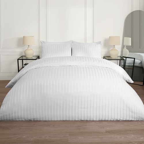 OHS Bettwäsche-Set für Doppelbett, Satin, gestreift, Mikrofaser, luxuriös, Hotelqualität, Doppelbett, superweich, Bettbezüge mit Kissenbezügen, Weiß von OHS