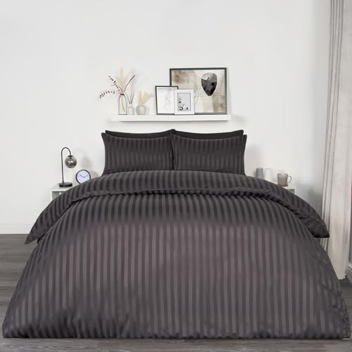 OHS Bettwäsche-Set für Doppelbett, Satin, gestreift, ultraweich, dekoratives Mikrofaser-Bettwäsche-Set, luxuriöse Bettbezüge, Doppelbettwäsche mit Kissenbezügen, Anthrazit von OHS