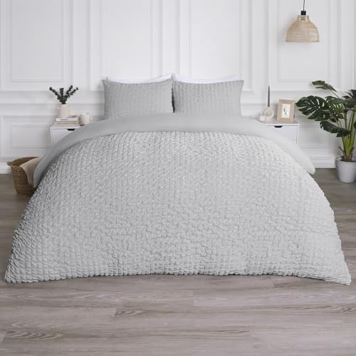 OHS Bettwäsche-Set für Doppelbett, grau, Waffel-Bettwäsche, geometrische Bettbezüge mit Kissenbezügen, luxuriös, geprägt, Seersucker, Doppelbettbezug, super weich, bequem, Grau von OHS