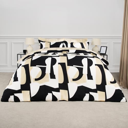 OHS Bettwäsche-Set für Einzelbett, Geo-Formen, Schwarz und natürliches Beige, Einzelbett-Bettbezüge mit Kissenbezug, weich, bequem, atmungsaktiv, Weihnachts-Bettwäsche-Set von OHS