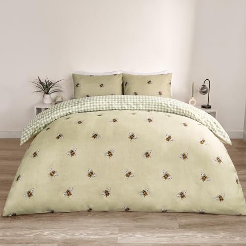 OHS Bettwäsche-Set für King-Size-Betten 230x200cm, Salbeigrün mit Gingham-Muster, wendbar, King-Size mit Kissenbezügen, dekoratives grünes Bettwäsche-Set, superweiches Bettwäsche-Set, Bienen-Druck von OHS