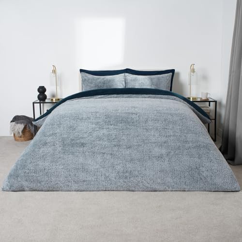 OHS Bettwäsche-Set für Super-Kingsize-Bett, Bettbezüge mit Kissenbezügen, Teddy Marl, Super-Kingsize-Bettbezug, luxuriös, superweich, Fleece, Marineblau von OHS