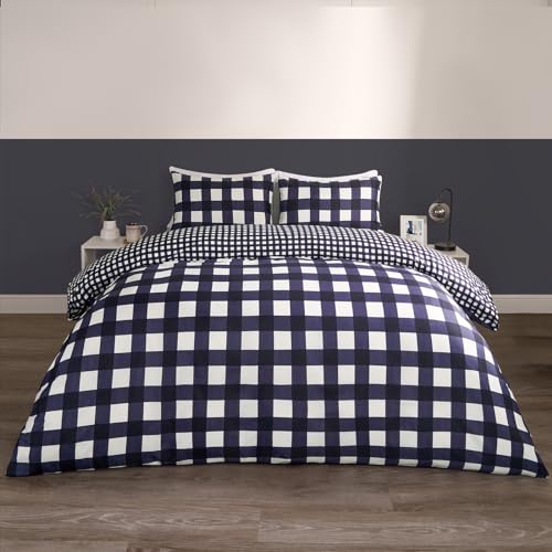 OHS Blaues Doppelbett-Bettwäsche-Set, Gingham-Wende-Bettwäsche, Doppelbett-Set, dekorativ, luxuriös, kariert, Bettbezüge mit Kissenbezügen, superweich, bequem, Marineblau von OHS