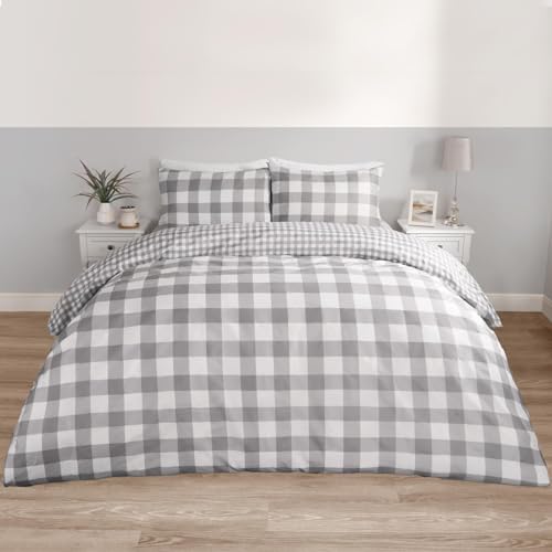 OHS Graues Bettwäsche-Set für King-Size-Betten, Gingham-Wende-Bettwäsche-Set, King-Size-Größe, luxuriös, dekorativ, kariert, Bettbezüge mit Kissenbezügen, superweiche Bettbezüge von OHS