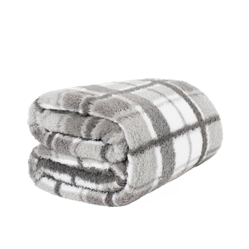 OHS Kariertes Teddy-Fleece-Sofa-Überwurf, grau, Decke, Überwurf für Winter, ultraweich, gemütlich, warm, Dicke Decke für Betten, graue Überwurfdecke, 125 x 150 cm von OHS