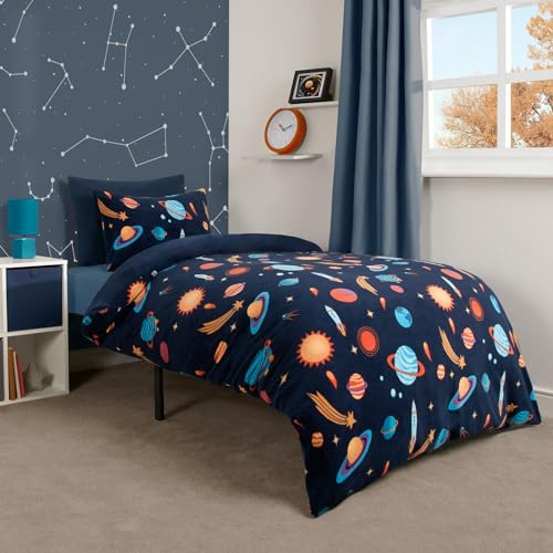 OHS Navy Space Bettwäsche für Einzelbett, Jungen, Winter-Bettwäsche, Fleece, Bettbezug mit Kissenbezug, ultraweich, warm, gemütlich, Flauschiges Bettwäsche-Set von OHS