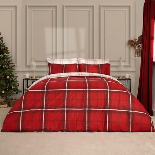 OHS Weihnachts-Bettwäsche-Set für Einzelbett, rot, weiß, kariert, Winter-Bettwäsche, Einzelbettbezüge, ultraweich, bequem, Weihnachtsbettwäsche mit Kissenbezug, pflegeleichter Bettbezug von OHS