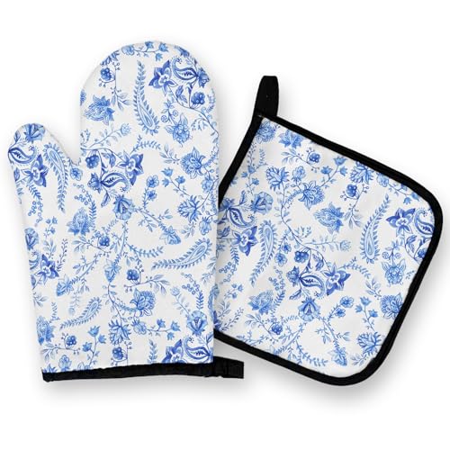 OHSUL Ofenhandschuhe und Topflappen aus Porzellan, Blau und Weiß, Chinoiserie, Küchendekoration, blaue Blumen, hitzebeständige Ofenhandschuhe für Küche, Kochen, Backen, Grillen von OHSUL