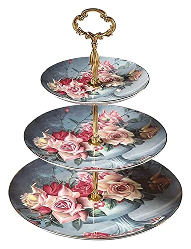 OIFAODAO, Dreischichtiger Obstteller, europäisches Bone China-Kuchentablett, Keramik-Gebäck, doppelte Obstschale, Obstkorb/blaue Teller,Obstplatte von OIFAODAO