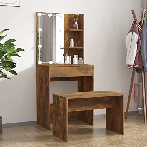 OIJHHFYGDK Frisiertisch-Set mit LED, Holzwerkstoff, geräucherte Eiche, Frisiertisch mit großem rechteckigem Spiegel, Schminktisch mit Schubladen und offenen Fächern, Schminktisch, moderner Stil von OIJHHFYGDK