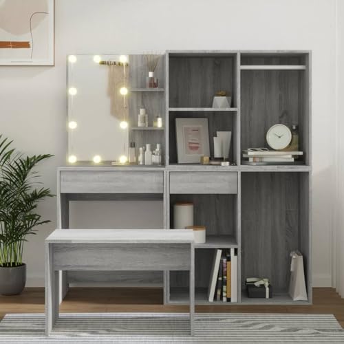 OIJHHFYGDK Frisiertisch-Set mit LED, graues Holzwerkstoff, Frisiertisch mit großem rechteckigem Spiegel, Schminktisch mit Schubladen und offenen Fächern, Schminktisch, moderner Stil von OIJHHFYGDK
