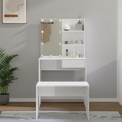 OIJHHFYGDK Frisiertisch-Set mit LED, hochglänzend, weißes Holzwerkstoff, Frisiertisch mit großem rechteckigem Spiegel, Schminktisch mit Schubladen und offenen Fächern, Schminktisch, moderner Stil von OIJHHFYGDK