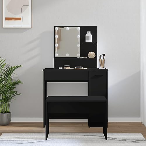 OIJHHFYGDK Frisiertisch-Set mit LED, schwarzes Holzwerkstoff, Frisiertisch mit großem rechteckigem Spiegel, Schminktisch mit Schubladen und offenen Fächern, Schminktisch, moderner Stil von OIJHHFYGDK